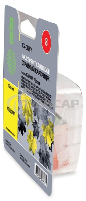 Картридж струйный Cactus CS-CLI8Y желтый (12 мл) для Canon Pixma iP4200, iP4300, iP4500, iP5100, iP5300, iP6600, iP6700, iP7500, iP7600, MP500, MP530, MP600, MP800, MP810, MP830, MP950, MP970, MX850, PRO-9000