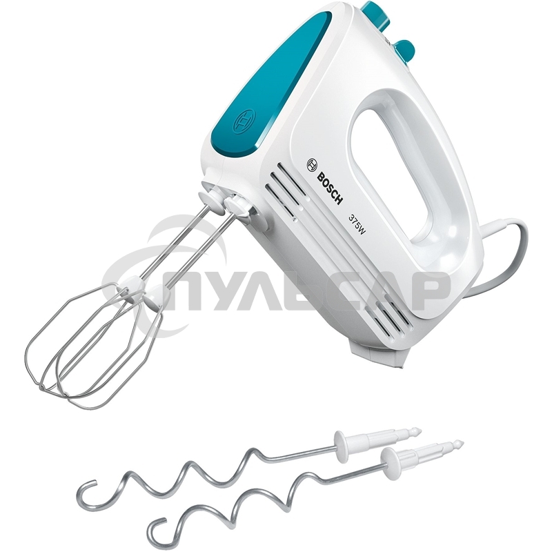 Миксер Bosch MFQ2210D, 375 Вт, белый/ голубой, 4 скорости+ импульс.режим, 2 крюка+ 2 венчика