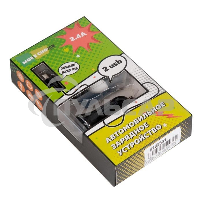 Автомобильная зарядка (от прикуривателя) More choice AC22m, два разъема USB, кабель Micro USB, 2.4A, черный
