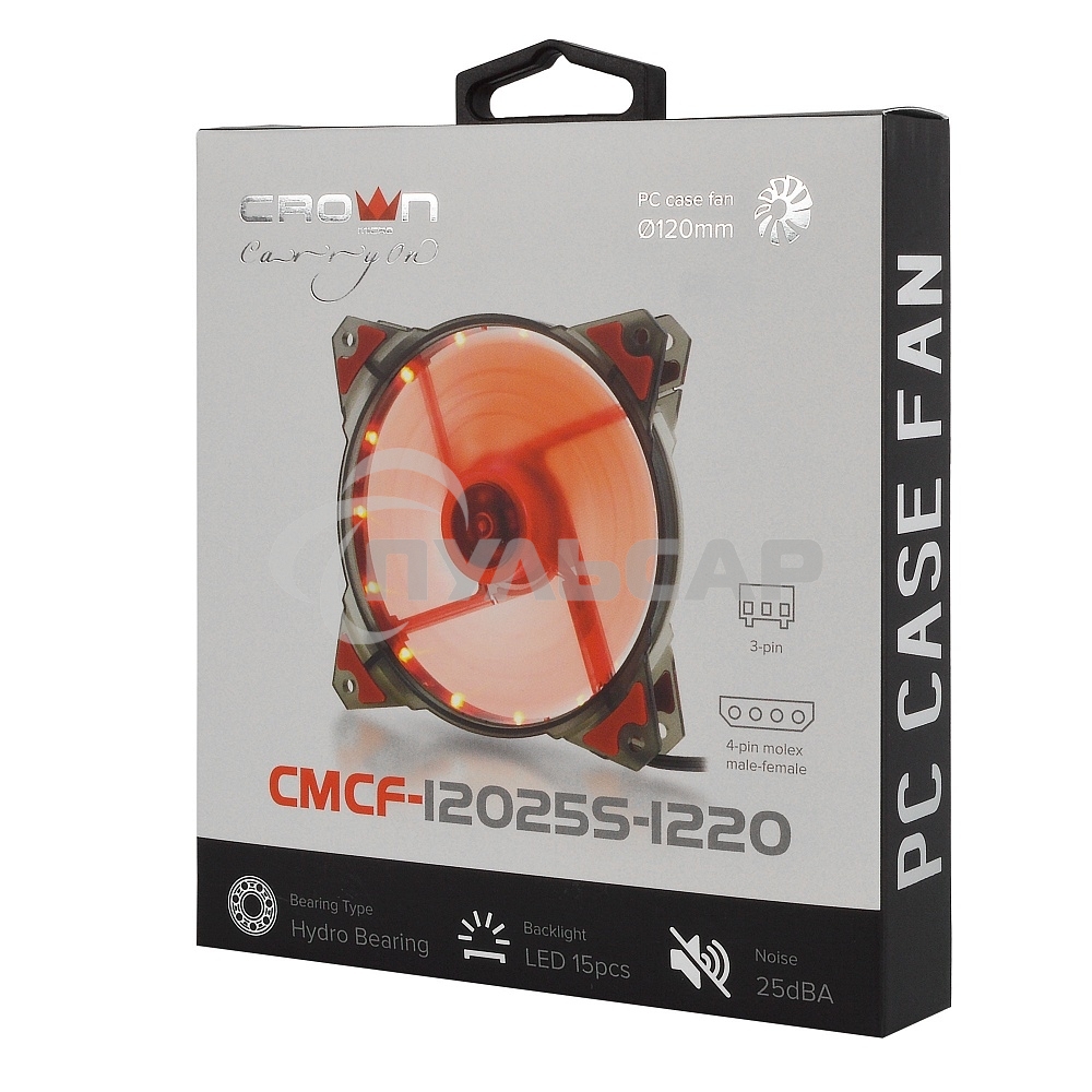 Вентилятор для корпуса Crown CMCF-12025S-1220 черный/красный, 120 мм, 1650 об/мин, 28 дБ, 3 pin