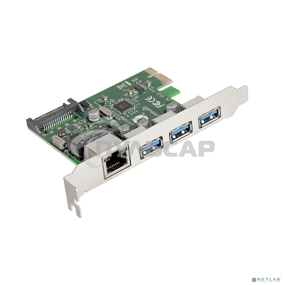 Контроллер сетевой ExeGate EXE-361 PCI-E 2.0, 3*USB 3.0 ext + LAN UTP 1000Mbps, раз.доп.пит.OEM)