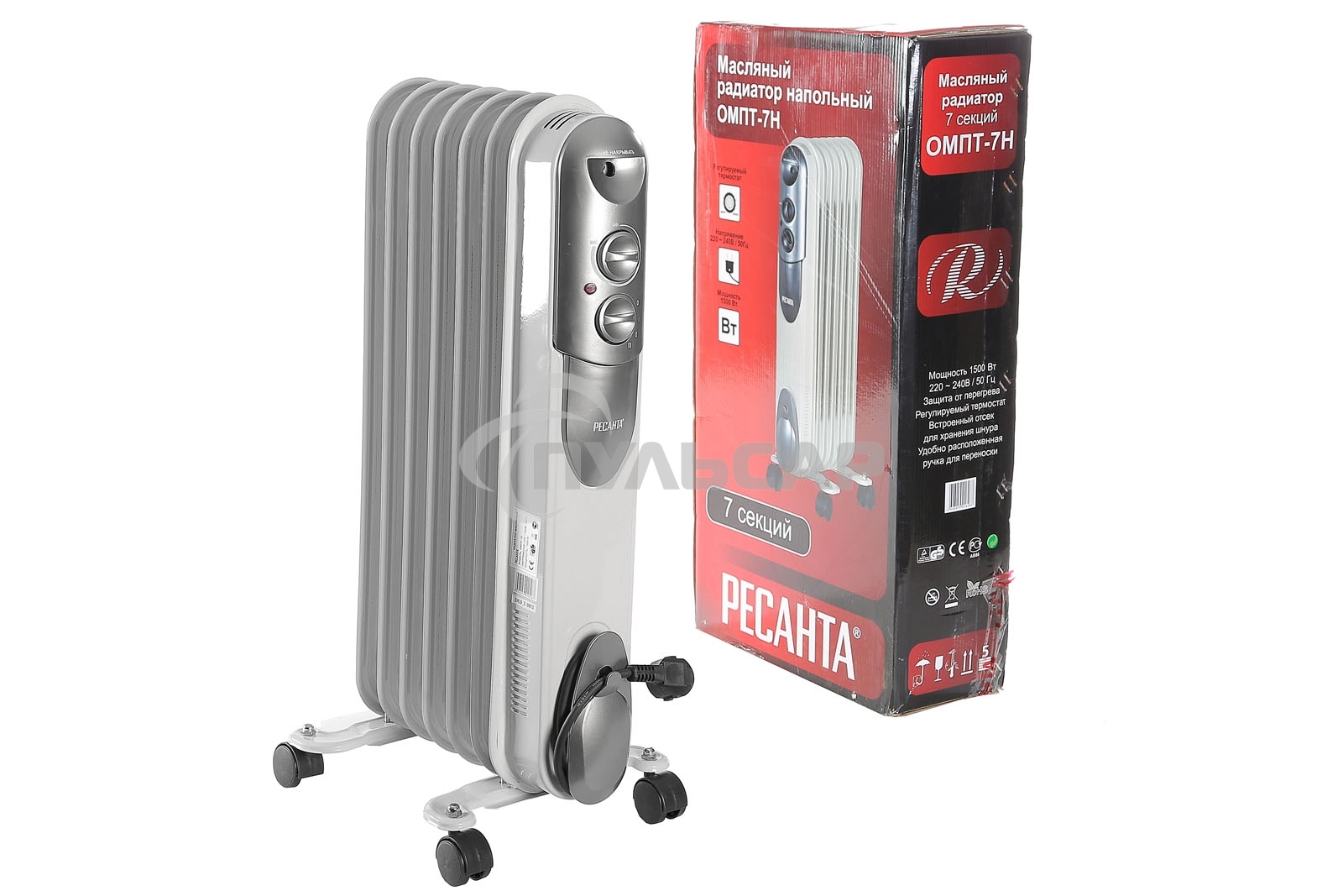 Обогреватель масляный Ресанта ОМПТ-7Н (7 секций) белый, 1500 Вт, 15 м2, термостат 67/3/3