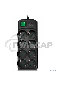 Сетевой фильтр SVEN SF-08E-16 (1,8 м 8 розеток с защитными шторками,16А) черный, цветная коробка