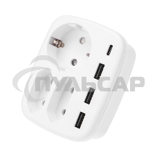 Тройник электрический 16А + 2х2,5А с заземлением + 3хUSB-A 2,4А + USB Type-C 3А, белый Rexant