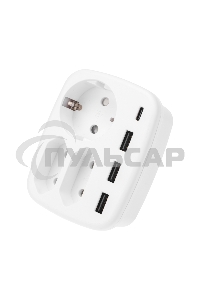 Тройник электрический 16А + 2х2,5А с заземлением + 3хUSB-A 2,4А + USB Type-C 3А, белый Rexant