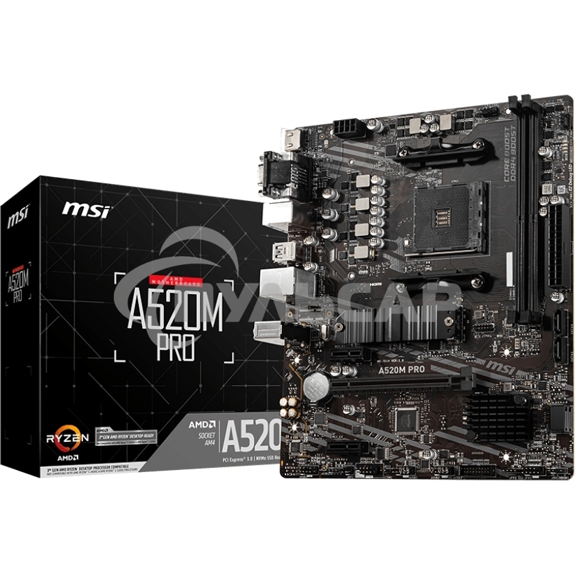 Материнская плата MSI A520M PRO, AM4, AMD A520, 2xDDR4, 4xSATA, 1xM.2, 1xPCIe 3.0 x16, 1xVGA, 1xDVI-D, 1xHDMI, 1x 1Gb LAN, 2xUSB 2.0, 4xUSB 3.2 Gen 1, 3x3.5 мм, 7.1, mATX