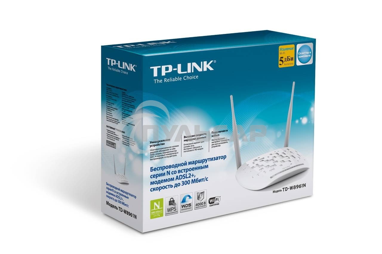 Сетевое оборудование TP-Link SOHO TD-W8961N(RU) 300 Мбит/с, 2T2R, ADSL2/ADSL+, Annex A, 4 порта 100 Мбит/с