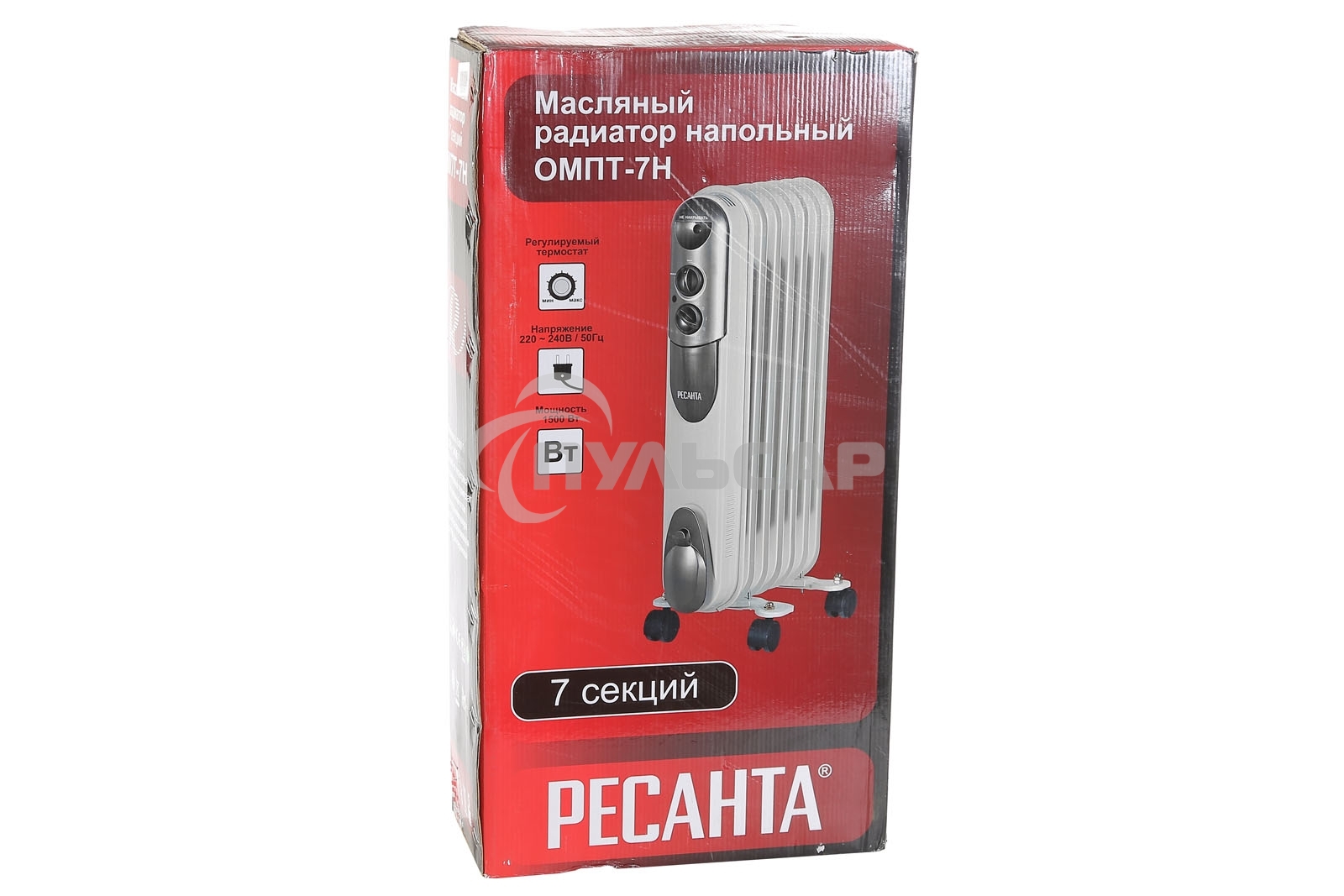 Обогреватель масляный Ресанта ОМПТ-7Н (7 секций) белый, 1500 Вт, 15 м2, термостат 67/3/3