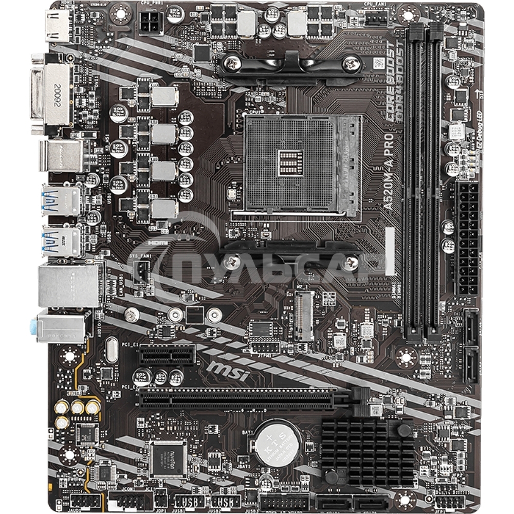 Материнская плата MSI A520M-A PRO, AM4, AMD A520, 2xDDR4, 4xSATA, 1xM.2, 1xPCIe 3.0 x16, 1xDVI-D, 1xHDMI, 1x 1Gb LAN, 2xUSB 2.0, 4xUSB 3.2 Gen 1, 3x3.5 мм, 7.1, mATX