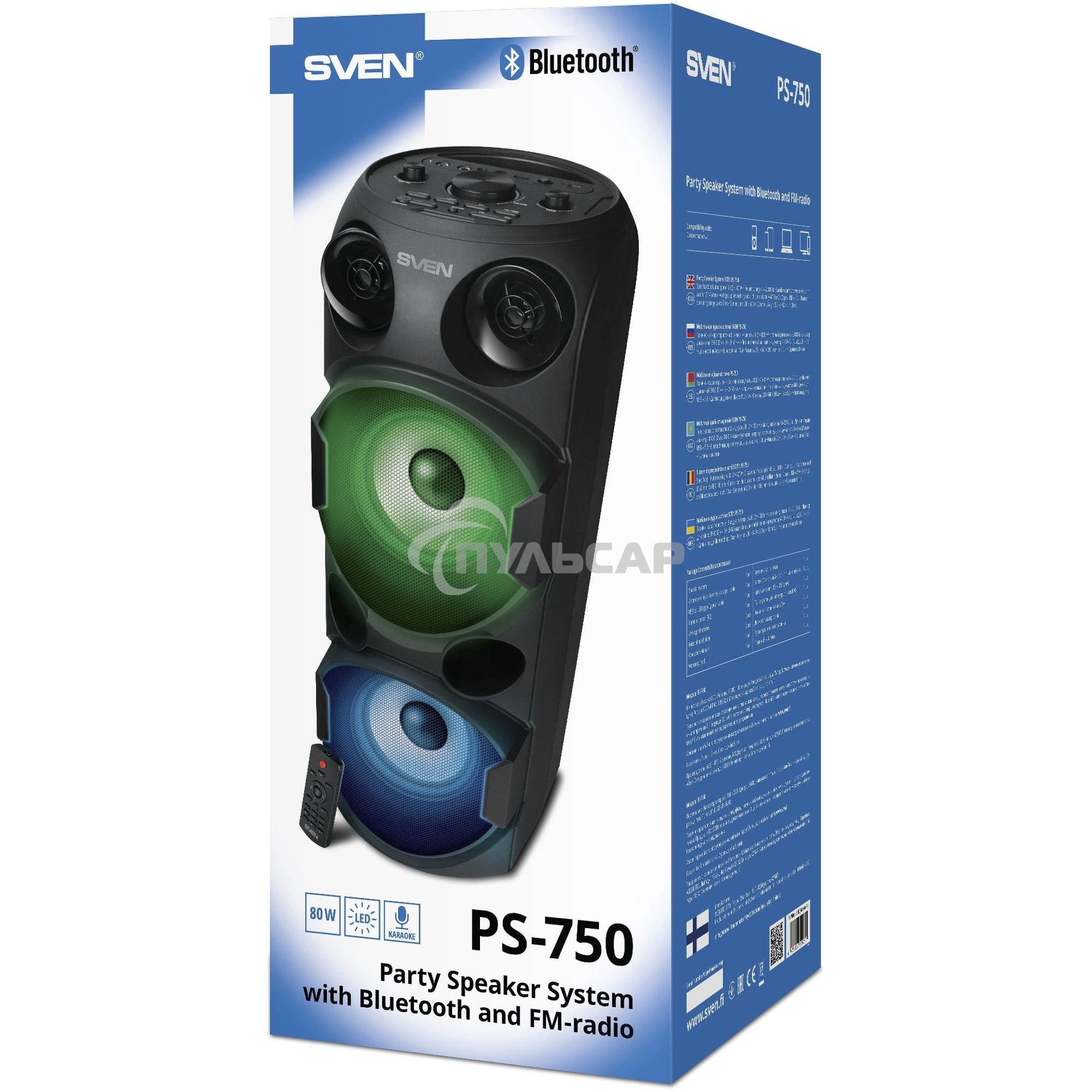 Колонка АС Sven PS-750, черный (80 Вт, TWS, Bluetooth, FM, USB, microSD, LED-дисплей, 2х4400мА*ч)