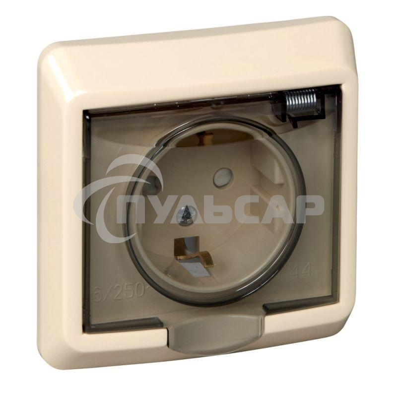 Розетка 1-м СП Этюд защ. шторки с заземл. IP44 крем. SchE PC16-044K