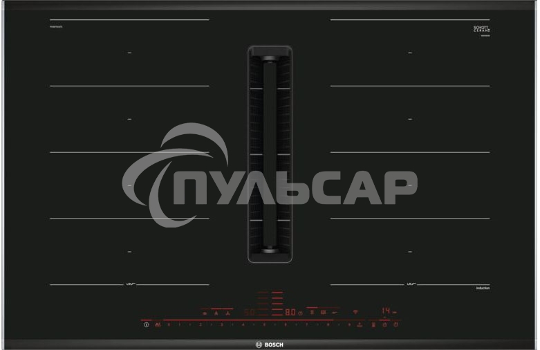 Индукционная варочная панель Bosch PXX875D67E с вытяжкой, черная, ширина 80см, 4 зоны нагрева, которые можно обьединить в две зоны FlexInduction, управление DirectSelect Premium, функции HomeConnect: удаленная диагностика, контроль и мониторинг, функция P