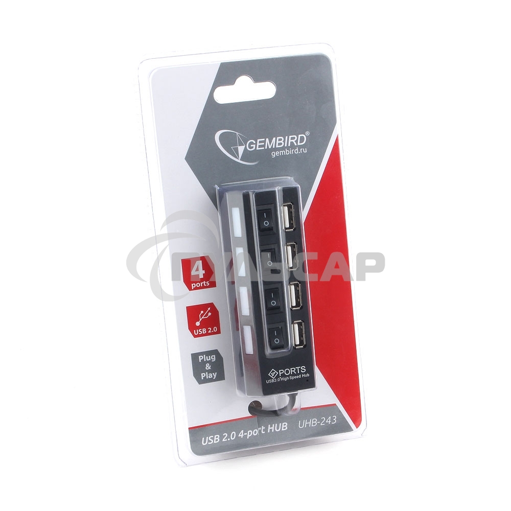 Концентратор USB 2.0 Gembird UHB-243-AD с подсветкой и выключателем, 4 порта, блистер