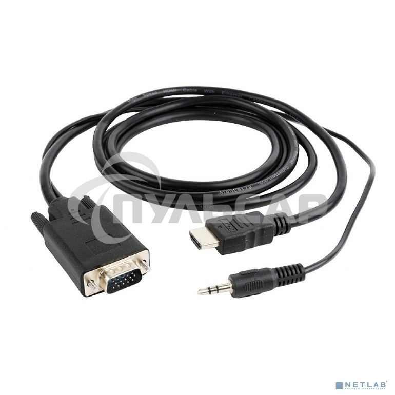 Кабель HDMI->VGA Cablexpert A-HDMI-VGA-03-5M, 19M/15M + 3.5Jack, медь, позол.разъемы, 5м, черный, пакет
