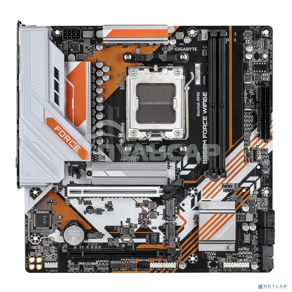 Материнская плата Gigabyte B850M FORCE WF6E, AM5, AMD B850, 2xDDR5, 4xSATA, 3xM.2, 1xPCIe 5.0 x16, 1xPCIe 4.0 x4, 1xDP, 1xHDMI, 1x2.5Gb LAN, Wi-Fi 6E, Bluetooth 5.3, 1xUSB-C 5Gbps, 1xUSB-A 10Gbps, 2xUSB-A 5Gbps, 2xUSB-A 2.0, 3x3.5 мм, 7.1, mATX