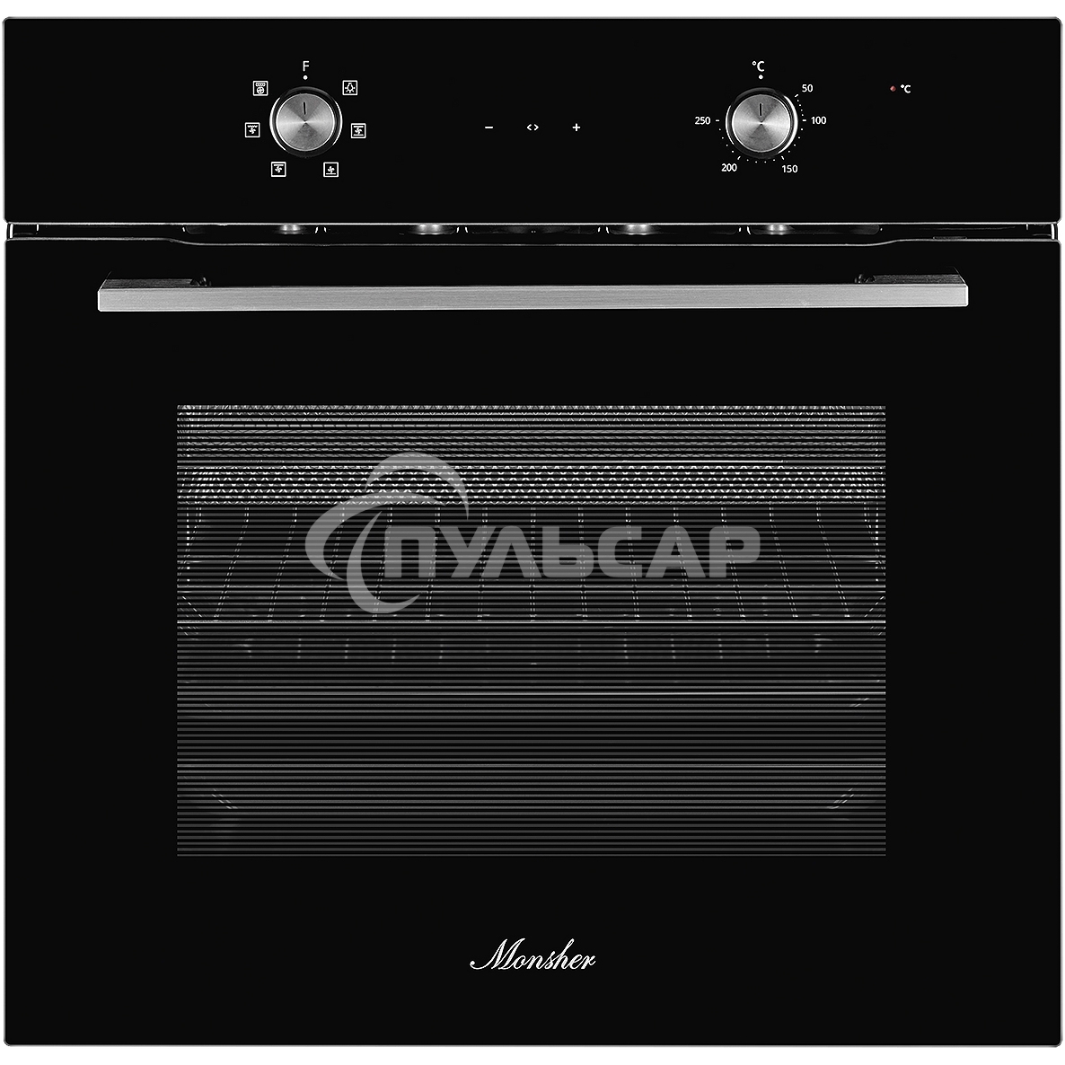 Духовой шкаф MONSHER MOE 6162 Noir, 5 режимов работы, объем духовки 58 л., утапливаемые переключатели, сенсорный таймер, 2 стекла в дверце, энергоэффективность А, цвет: черный,фурнитура серебряная