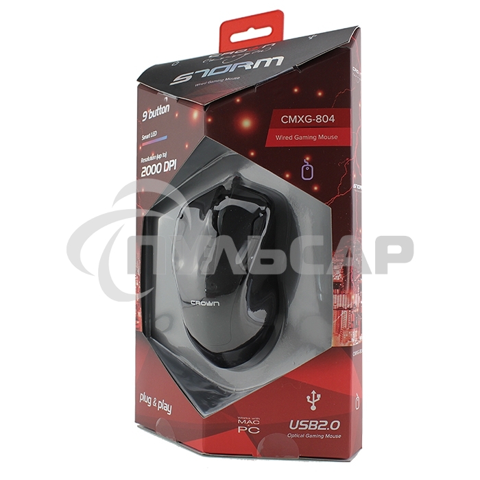 Мышь проводная Crown Gaming CMXG-804 черный, 2000 dpi, USB, кнопки - 9