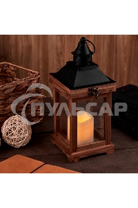 Декоративный фонарь Neon-night со свечкой, корпус из дерева, размер 14х14х35cм, теплый белый