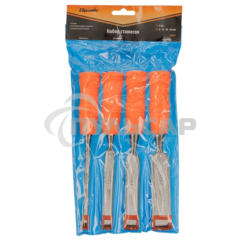 Набор стамесок 4 шт, 6-12-18-24 мм, плоские, пластиковые ударные рукоятки Sparta