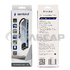 Док-станция Type-C Gembird UHB-D3, 8в1: USB2.0, USB3.1, Type-C PD87W, Type-C, HDMI, SD/TF, RJ45, кабель 20см, алюминий