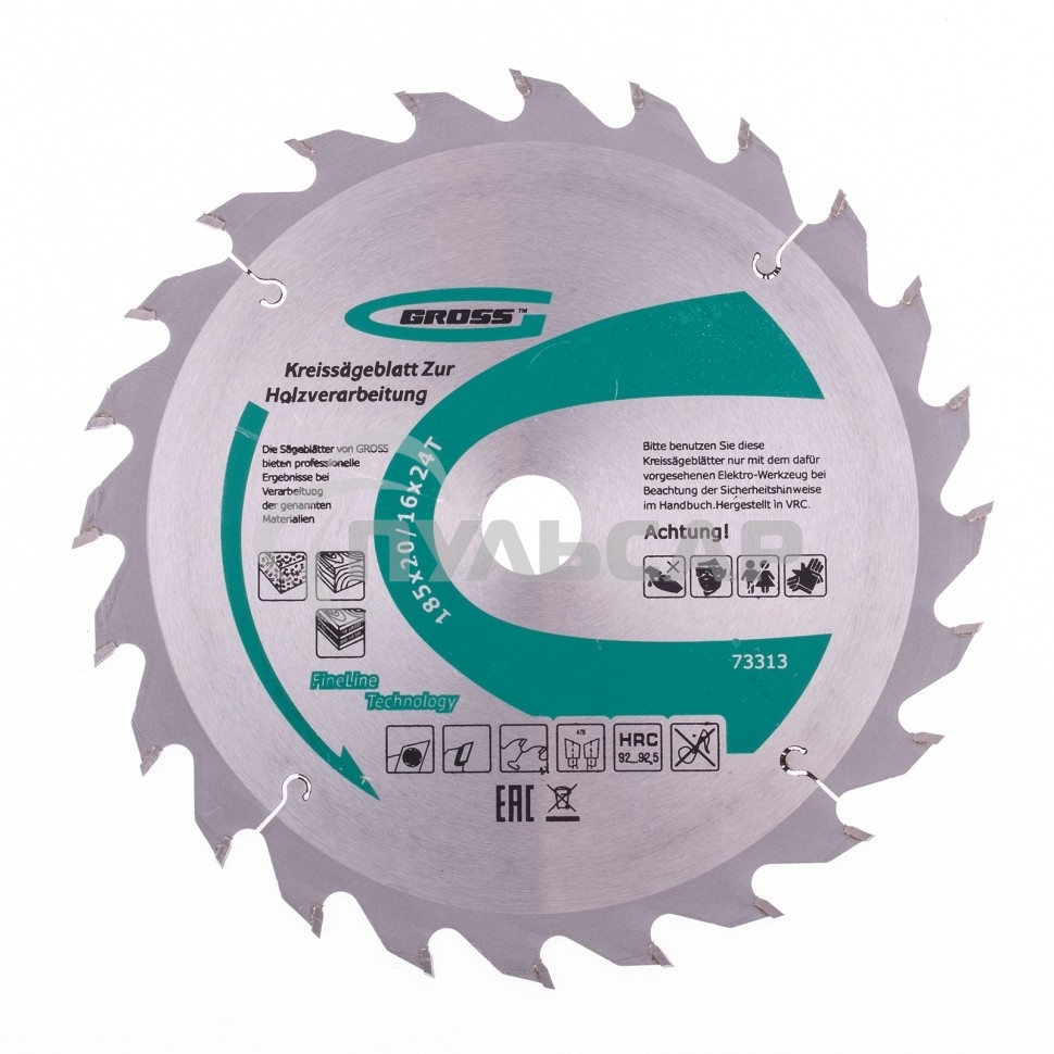 Пильный диск по дереву ф185 х 20 мм, 24 зуба + кольцо 20/16мм Gross