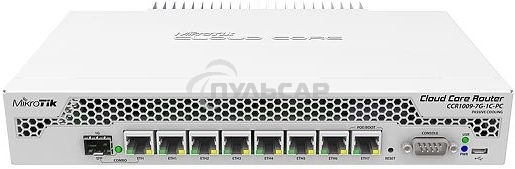 Маршрутизатор Mikrotik CCR1009-7G-1C-PC with Tilera Tile-Gx9 CPU (9-cores, 1Ghz per core), 1Gb RAM, 7xGbit LAN, 1x Combo port (1xGbit LAN or SFP), RouterOS L6, passive cooling desktop enclosure, rackmount ears, PSU