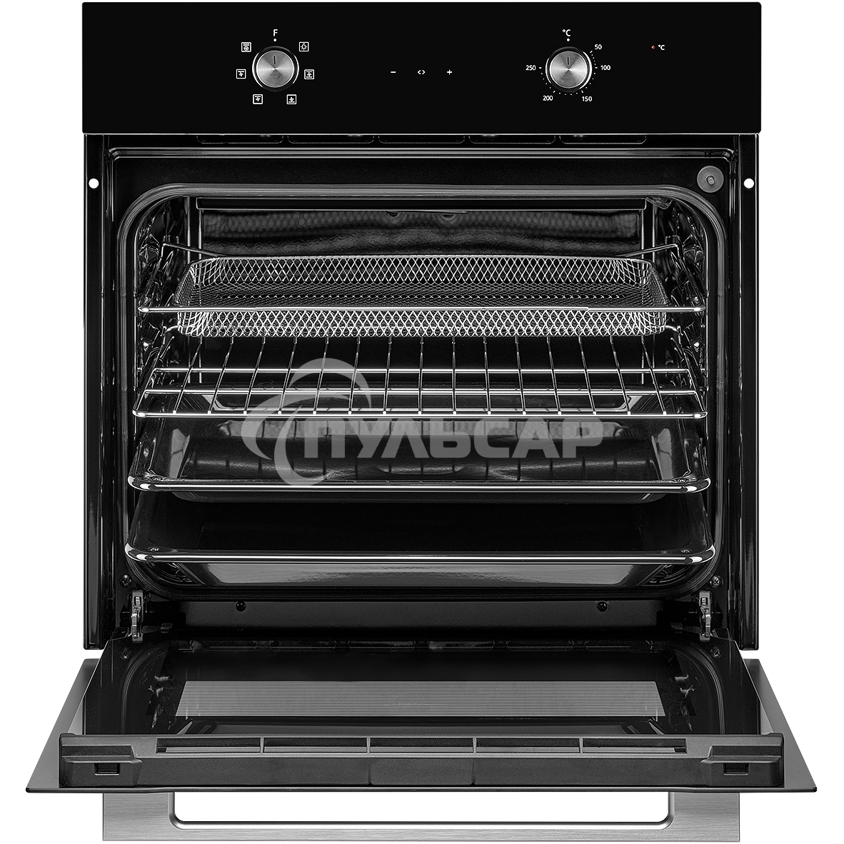 Духовой шкаф MONSHER MOE 6162 Noir, 5 режимов работы, объем духовки 58 л., утапливаемые переключатели, сенсорный таймер, 2 стекла в дверце, энергоэффективность А, цвет: черный,фурнитура серебряная