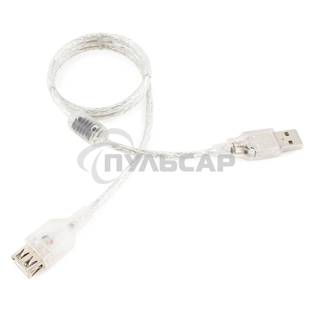 Кабель-удлинитель USB2.0 Pro Cablexpert CCF-USB2-AMAF-TR-0.75M, AM/AF, 0,75м, экран, 2феррит.кольца, прозрачный, пакет
