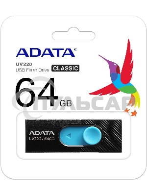 Флешка USB ADATA UV220 (AUV220-64G-RBKBL), 64 Gb, USB 2.0, R/W 15/5, черный/голубой