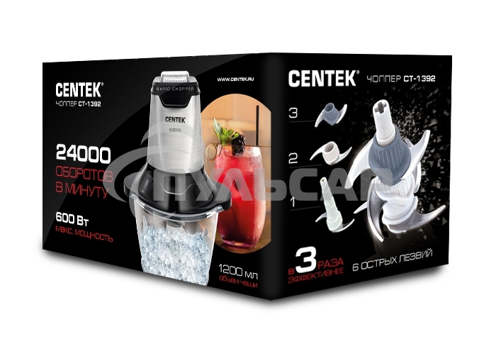 Чоппер Centek CT-1392 Сталь <600Вт> 6 лезвий, стеклянная чаша 1,2л, разборные ножи