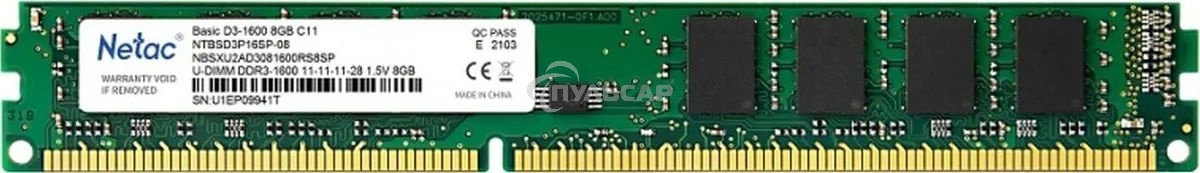 Оперативная память NETAC Basic, DDR3, 8Gb (1x8Gb), 1600MHz, CL11, DIMM