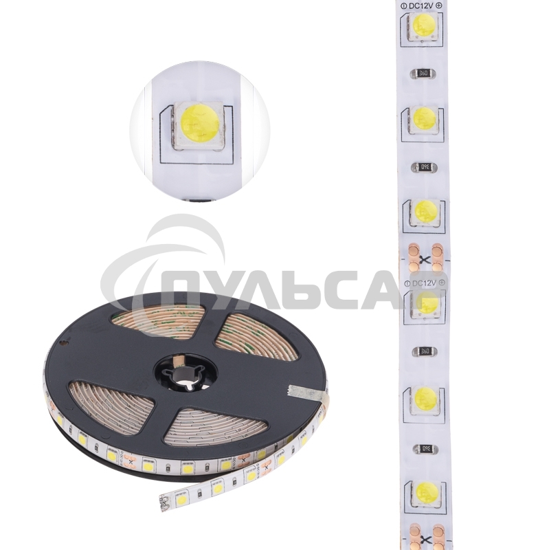 Лента светодиодная 5 м 12 В 5050 6500 К IP65 60 LED/м для БП с клеммами LAMPER