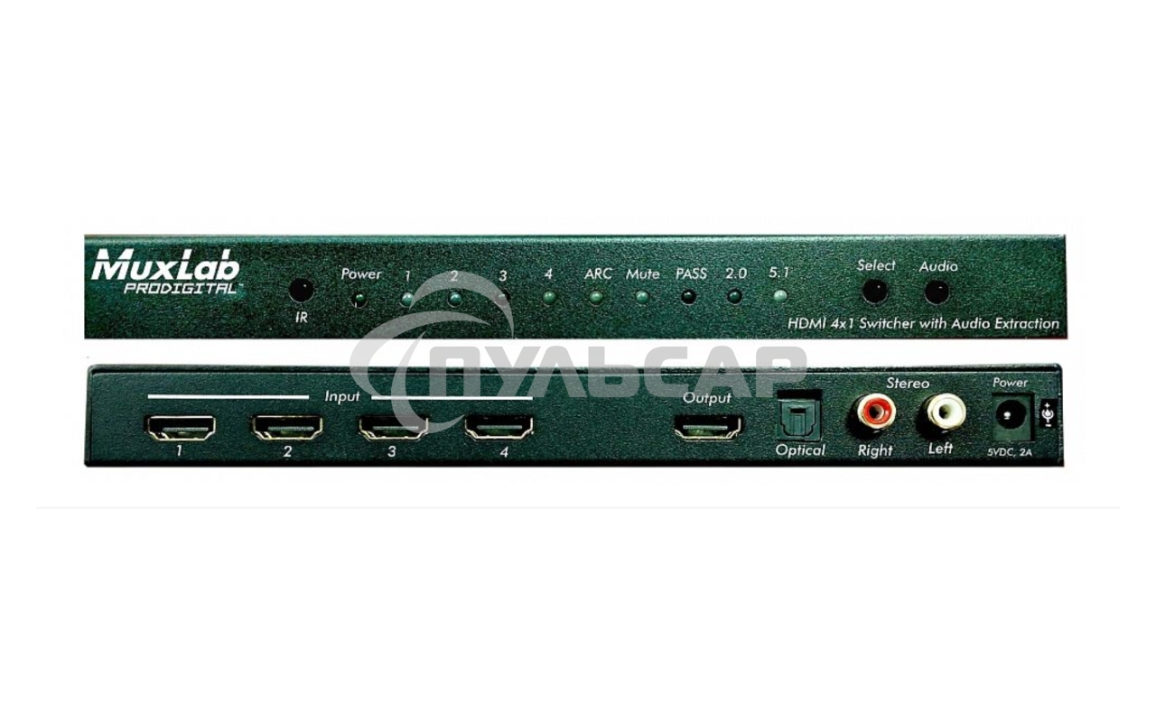 Коммутатор MuxLab 500437 4х1 HDMI с деэмбедером аудио, HDMI 2.0 4K/60