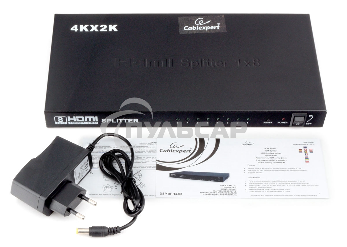 Разветвитель HDMI Cablexpert DSP-8PH4-03, HD19F/8x19F, 1 компьютер => 8 мониторов, Full-HD, 3D, 1.4v, каскадируемый
