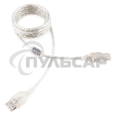 Кабель-удлинитель USB2.0 Pro Cablexpert CCF-USB2-AMAF-TR-2M, AM/AF, 2м, экран, 2феррит.кольца, прозрачный, пакет