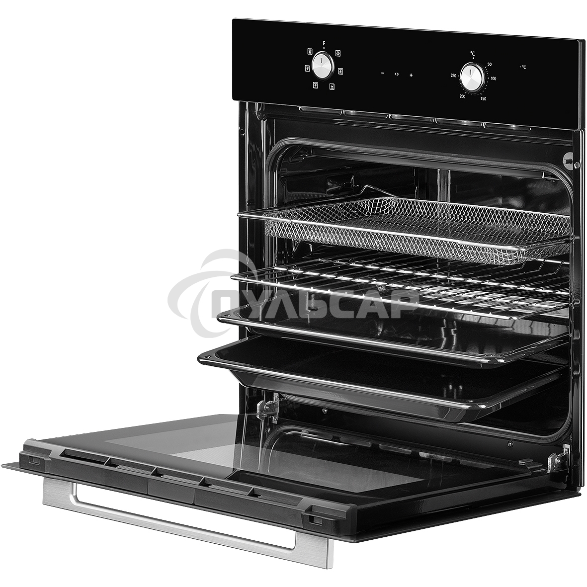 Духовой шкаф MONSHER MOE 6162 Noir, 5 режимов работы, объем духовки 58 л., утапливаемые переключатели, сенсорный таймер, 2 стекла в дверце, энергоэффективность А, цвет: черный,фурнитура серебряная