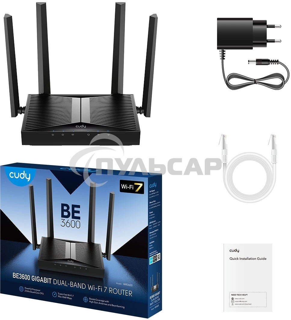Маршрутизатор Cudy BE3600 Gigabit Dual Band Wi-Fi 7 Mesh Router, Chipset Broadcom, 802.11be/ax/ac/a/b/g/n, 2882Mbps at 5GHz + 688Mbps at 2.4GHz, 5 x 10/100/1000Mbps Ports, 4 x 5dBi fixed antennas, WiFi router/AP/ Repeater/WISP Mode, PPTP/L2TP/OpenVPN/Wire