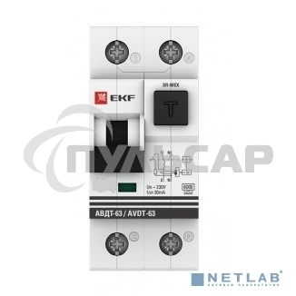 Выключатель автоматический дифференциального тока EKF DA63-16-30e АВДТ-63 16А/30мА (хар-ка C, электронный тип A) 6кА EKF PROxima