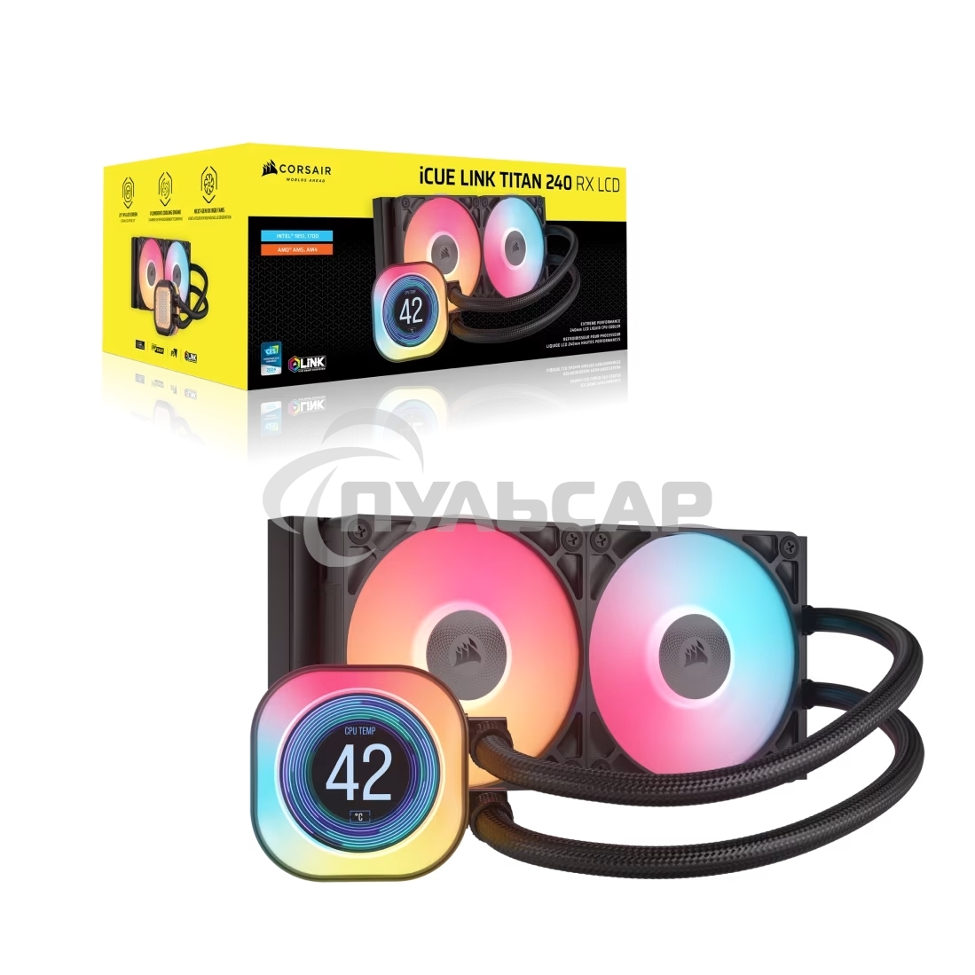 Система жидкостного охлаждения Corsair iCUE LINK TITAN 240 RX LCD (240мм, черный, RGb/ Fans: 2x120мм, 73.5CFM, 36dBA, 2100RPM/ S: 1851, 1700, AM5, AM4)