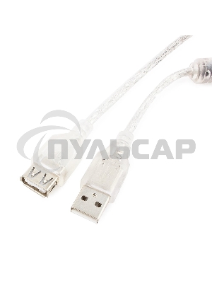 Кабель-удлинитель USB2.0 Pro Cablexpert CCF-USB2-AMAF-TR-15, AM/AF, 4,5м, экран, 2феррит.кольца, прозрачный, пакет