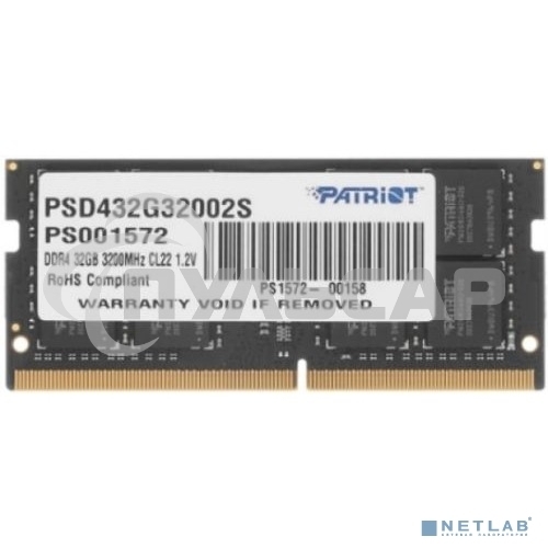 Оперативная память Patriot Signature, DDR4, 32Gb (1x32 Gb), 3200 MHz, CL22, SO-DIMM