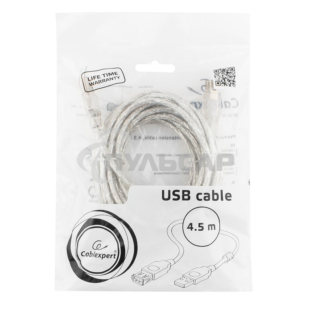 Кабель-удлинитель USB2.0 Pro Cablexpert CCF-USB2-AMAF-TR-15, AM/AF, 4,5м, экран, 2феррит.кольца, прозрачный, пакет