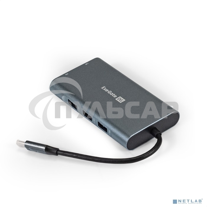 Док-станция ExeGate EX293985RUS DUB-31C/MAX (кабель-адаптер USB Type-C --> 3xUSB3.0 + Card Reader + PD 100W + HDMI 4K@30Hz + VGA + Audio + Lan RJ45 10/100/1000Mb, Plug&Play, серый)
