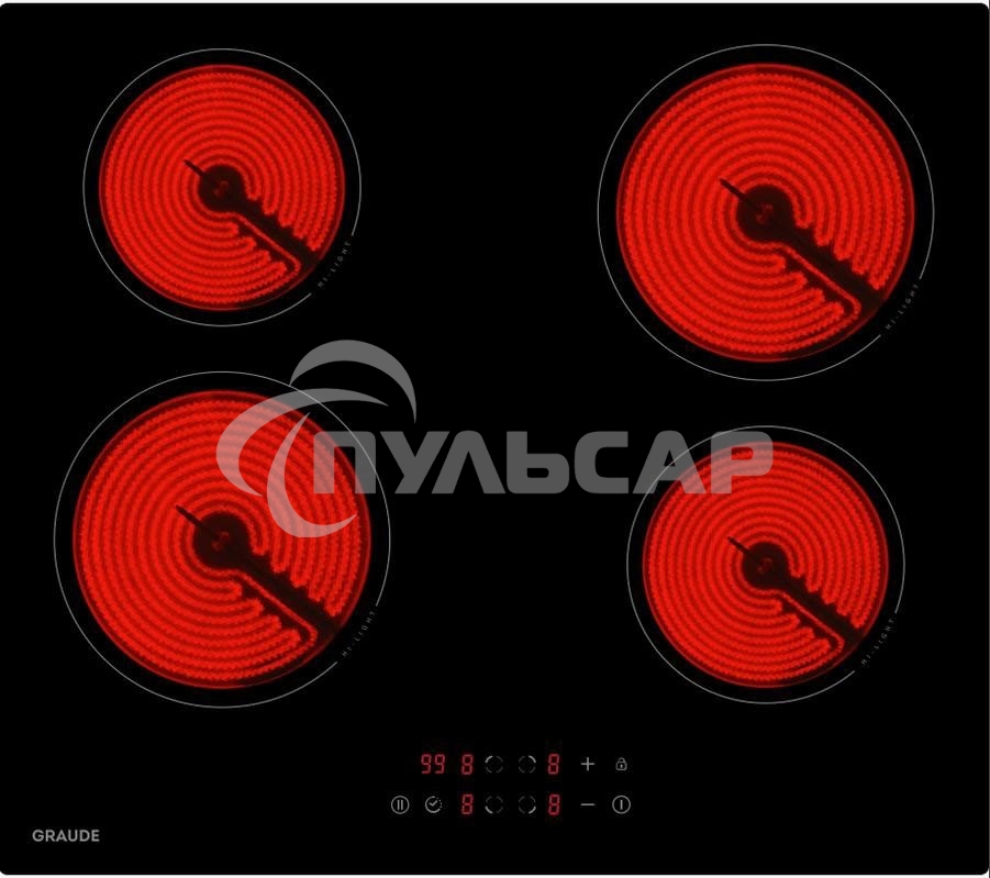 Встраиваемая электрическая панель Graude Встраиваемая электрическая панель Graude/ 60 см, Электрическая, стеклокерамика, 5.1 х 59 х 52 см, 9 ступеней нагрева, Функция таймера, Индикация нагрева, Индикация красного цвета, Автоматическое отключение, защита 