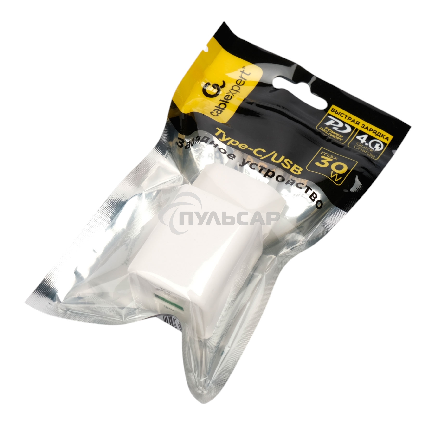 Зарядное устройство Cablexpert MP3A-PC-63, 30Вт GaN, 3А, QC4.0/PD, 1xUSB, 1xType-C, белый, пакет