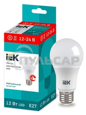 Лампа светодиодная A60 шар 12Вт 12-24В 4000К E27 (низковольтная) IEK LLE-A60-12-12-24-40-E27