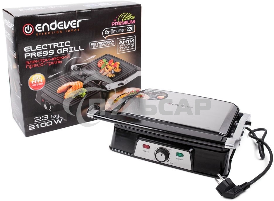 Электрический пресс-гриль Endever Grillmaster 220, серебристый/черный