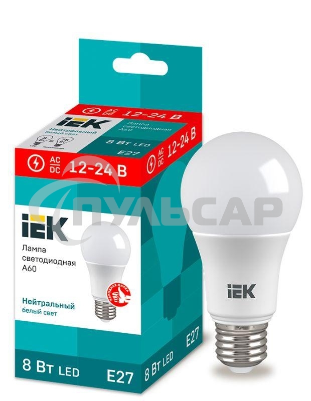 Лампа светодиодная A60 шар 8Вт 12-24В 4000К E27 (низковольтная) IEK LLE-A60-08-12-24-40-E27