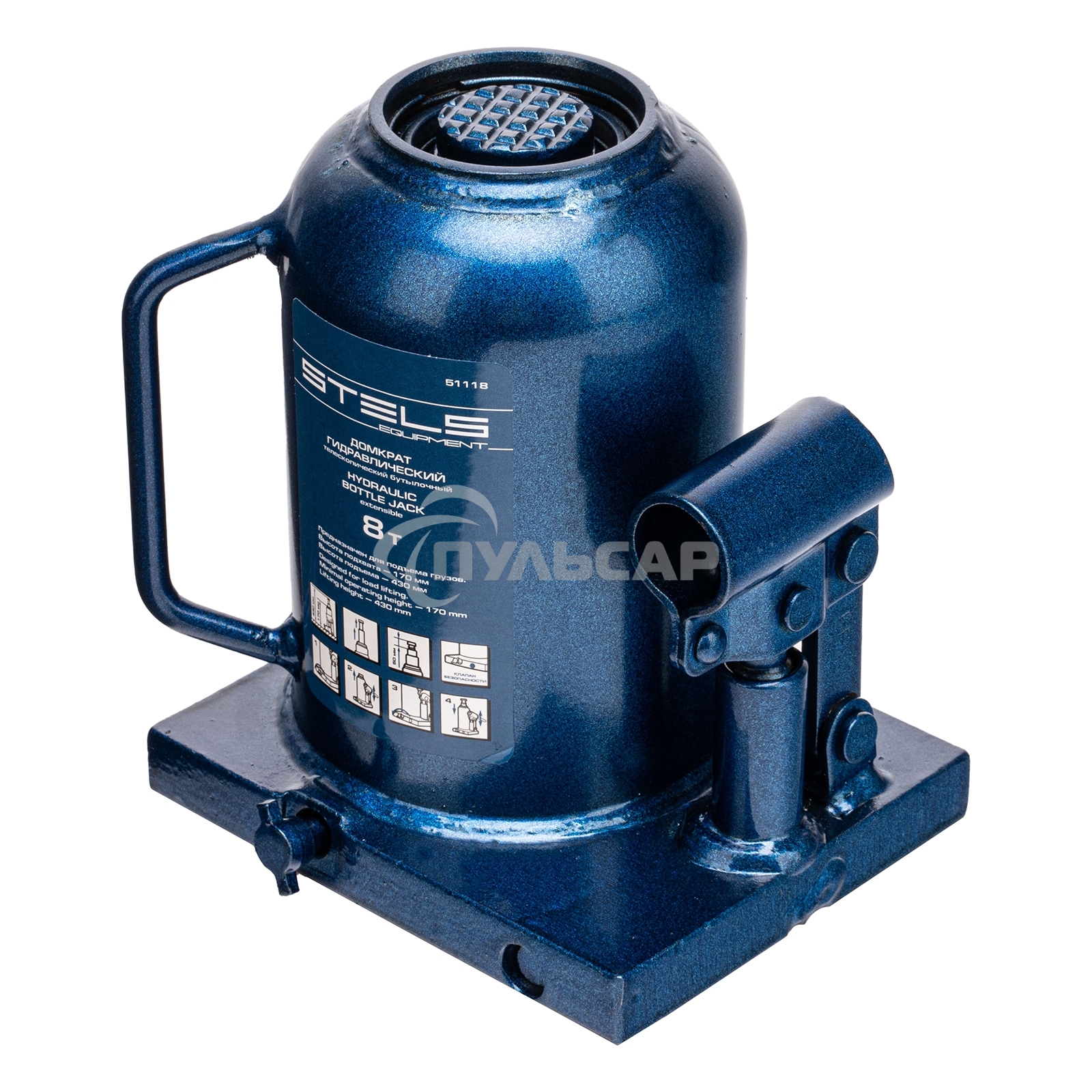 Домкрат гидравлический бутылочный телескопический, 8 т, h подъема 170–430 мм Stels