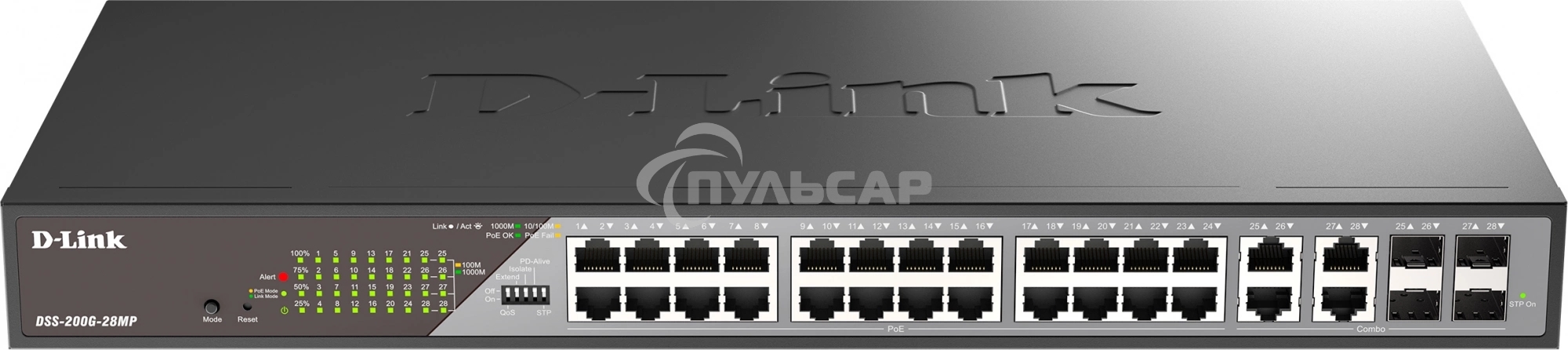 Сетевой коммутатор Smart L2 Surveillance Switch 24х1000Base-T PoE, 4xCombo 1000Base-T/SFP, PoE Budget 370W, Long-range PoE up to 250m